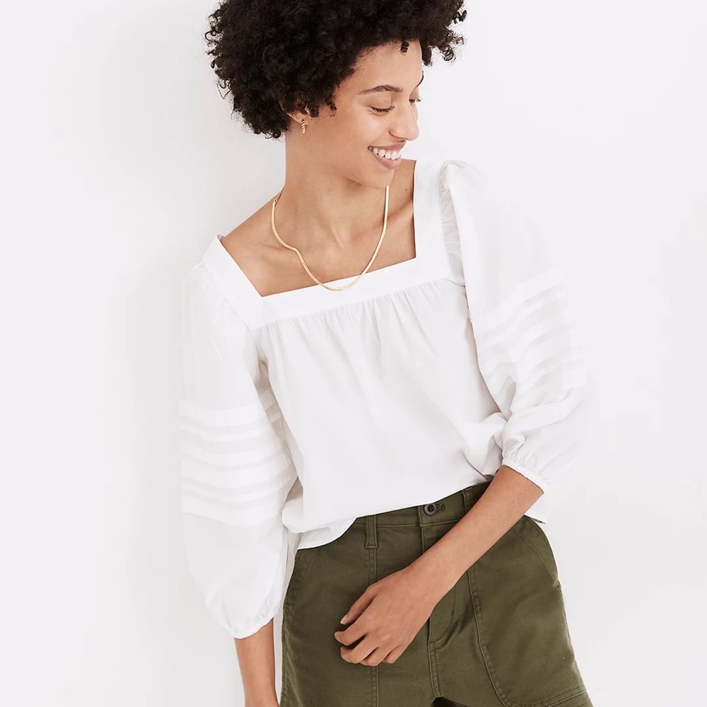 madewell | square-neck pleat sleeve top white poplin l